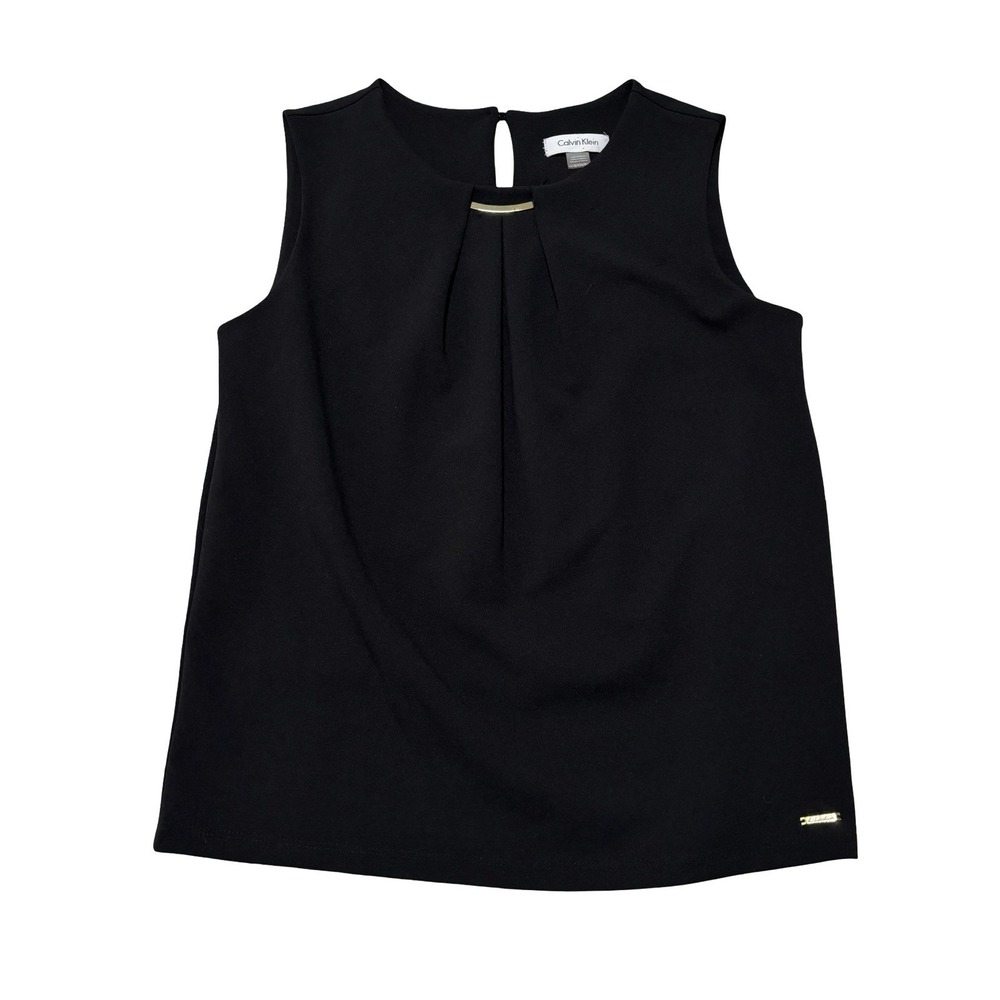 Calvin Klein Women's Sleeveless Blouse Top Black Gold Pleated Neck Sz S 17.5x24